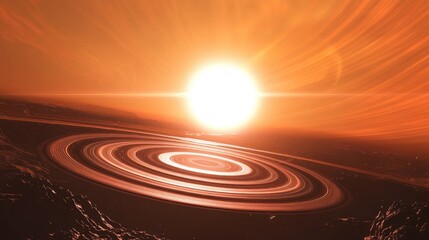 Naklejka premium A breathtaking view of a beautiful planet surrounded by shimmering rings, with the sun shining brightly in the background, casting vibrant rays