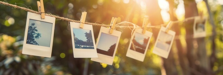 Polaroid pictures displayed on string with clothespins in a sunlit outdoor setting creating an inviting atmosphere. Generative AI