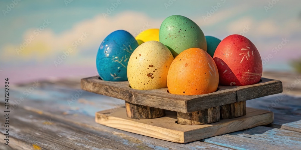 Poster A rustic wooden egg holder showcasing colorful Easter eggs, each decorated with unique patterns, rests on a weathered wooden table with a soft pastel background.