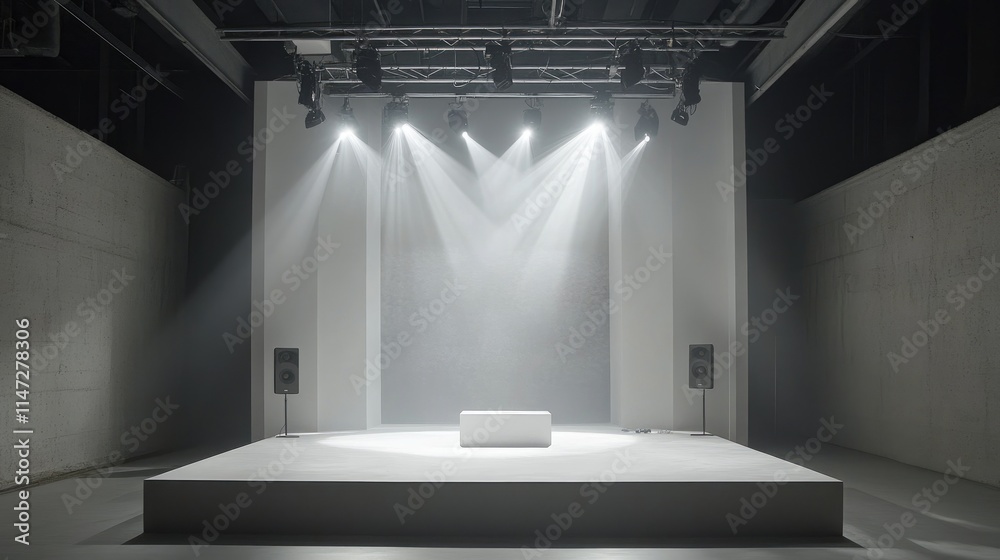Poster a clean and minimalist event space featuring a white stage, speaker mounted on a truss system, and s