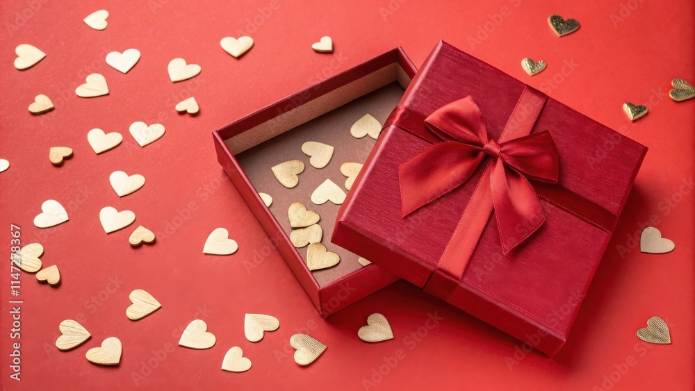 Poster a red gift box with a satin ribbon is open revealing a heart filled surprise on a red background.