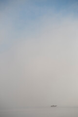 A man fishes early morning on a misty lake.