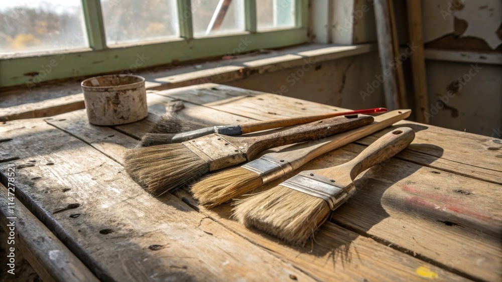 Poster Well-worn paintbrushes resting on a rustic wooden table with sunlight streaming through a window, ready for another day of creating