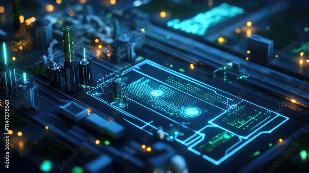 Poster a close-up of a digital grid with blue lines and green icons, showing data for renewable energy syst