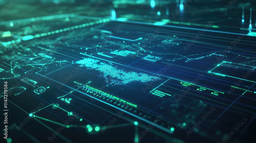 Poster a close-up of a digital grid with blue lines and green icons, showing data for renewable energy syst