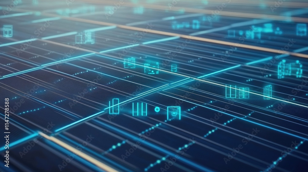 Poster a close-up of a digital grid with blue lines and green icons, showing data for renewable energy syst