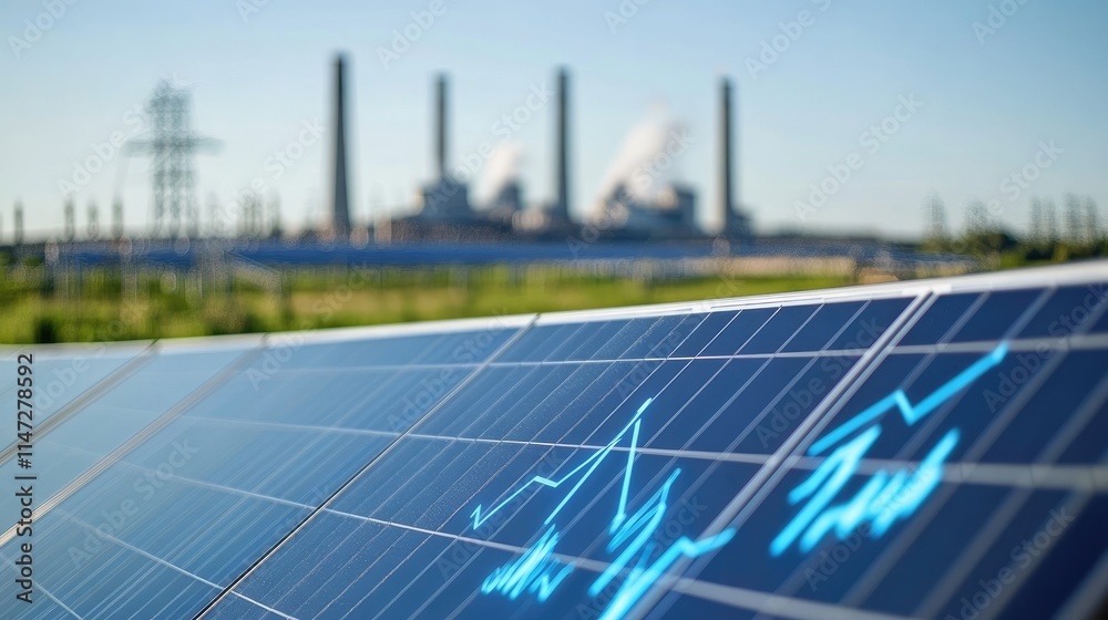 Poster a close-up of a digital grid with blue lines and green icons, showing data for renewable energy syst