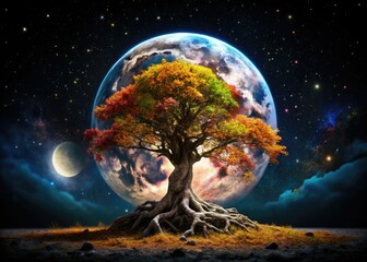 Cosmic tree, celestial roots, miniature worlds bloom in generative AI's tilt-shift cosmos.
