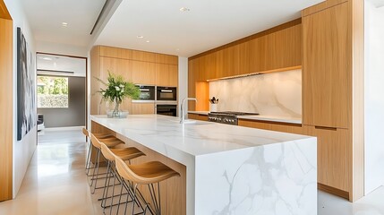 Modern Kitchen Island with Light Wood Cabinets and Marble Countertop