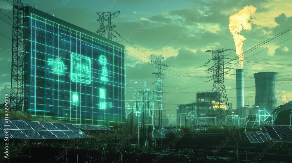 Poster a computer display featuring blue digital grid lines and green icons, set against the backdrop of an