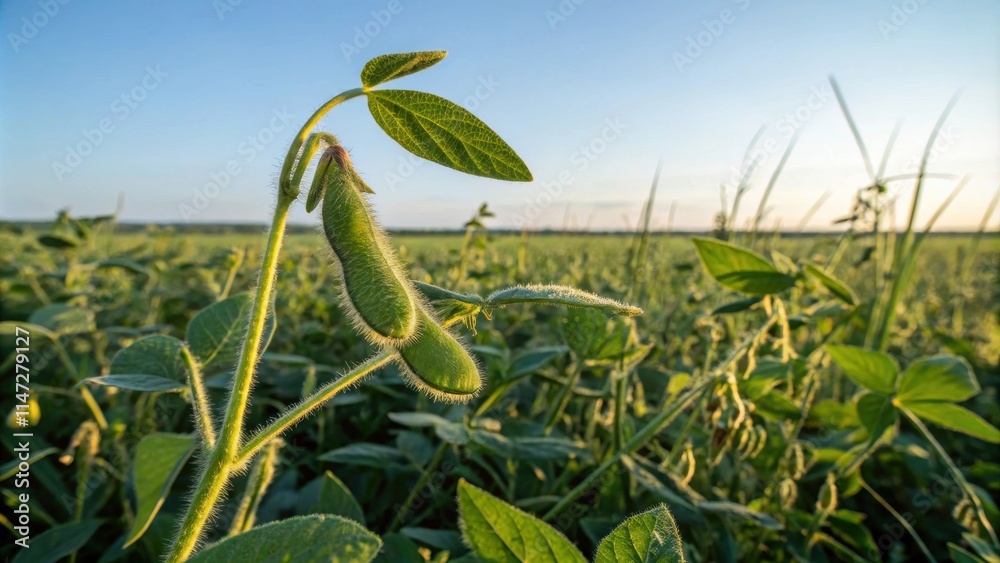 Poster closeup of a soybean pod in a field of green soybean plants with a blue sky in the background
