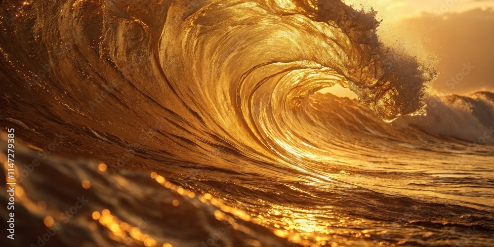 Poster A Golden Wave Breaks In The Light Of Dawn, Showing The Intricate Pattern Of Its Motion