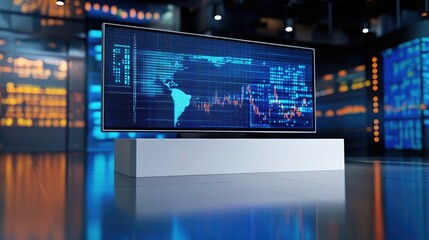Fototapeta premium A contemporary news studio with a white stand in front of an LCD screen showing economic news, creating a high-tech and informative setting for financial broadcasts