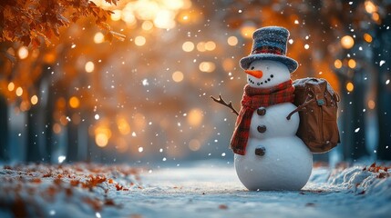 Obraz premium A cheerful snowman with a backpack and a festive scarf stands in a winter wonderland, surrounded by sparkling snowflakes and glowing bokeh lights