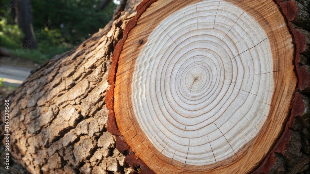 Poster a close-up view of a tree trunk's cross-section, revealing intricate growth rings and a light-colore