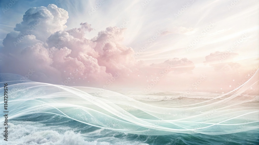 Poster a whimsical seascape with delicate white waves flowing through a dreamy sky filled with fluffy pink 