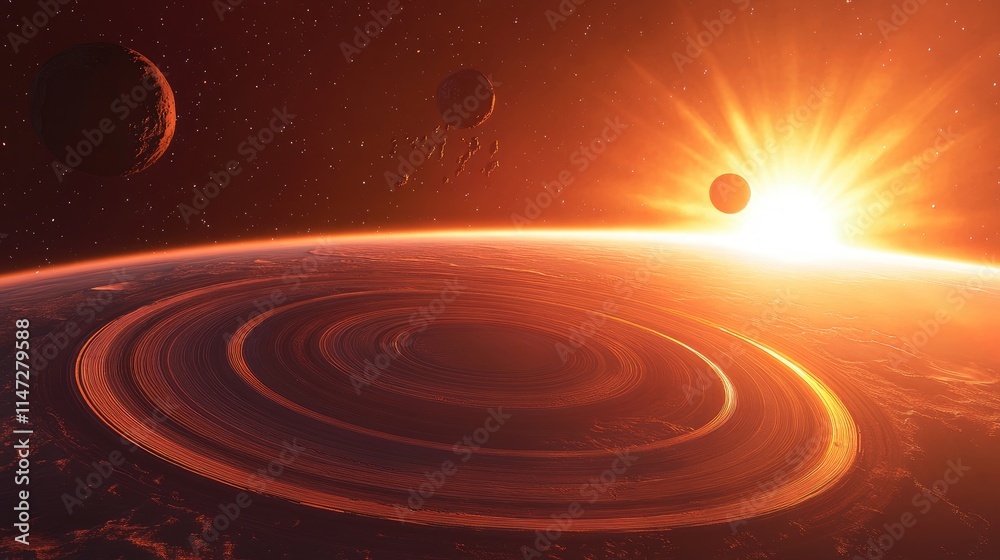 Aufkleber a cosmic scene showing a planet surrounded by rings, with the sun's warm rays highlighting its surfa