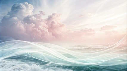 A whimsical seascape with delicate white waves flowing through a dreamy sky filled with fluffy pink clouds and shimmering dust particles.