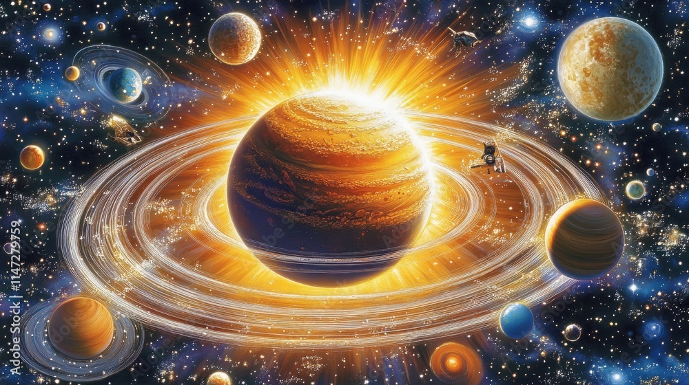 Poster A cosmic scene showing a planet surrounded by rings, with the sun's warm rays highlighting its surface and other distant planets floating in space