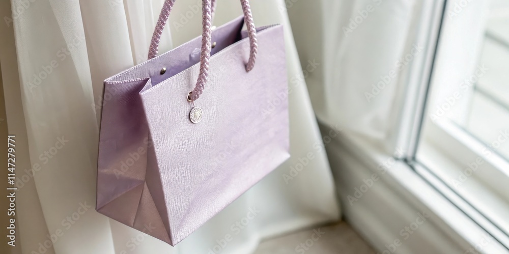 Poster a lavender-colored tote bag with a braided handle hangs against a backdrop of sheer white fabric and