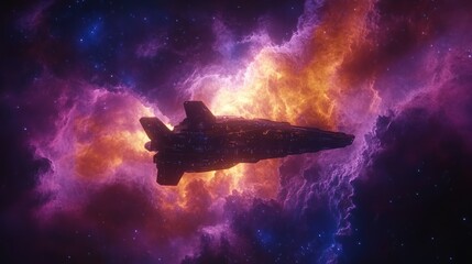 Fototapeta premium Spaceship navigating vibrant nebula.