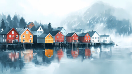 Fototapeta premium Colorful houses on a misty fjord. Fjordic. Illustration