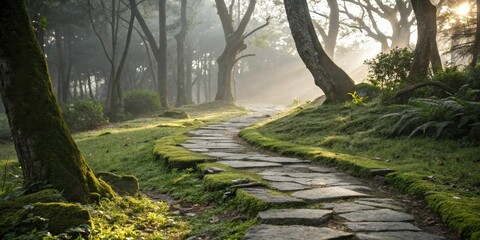 Naklejka premium A stone path winds through a misty forest, sunlight streaming through the trees and illuminating the moss-covered ground.