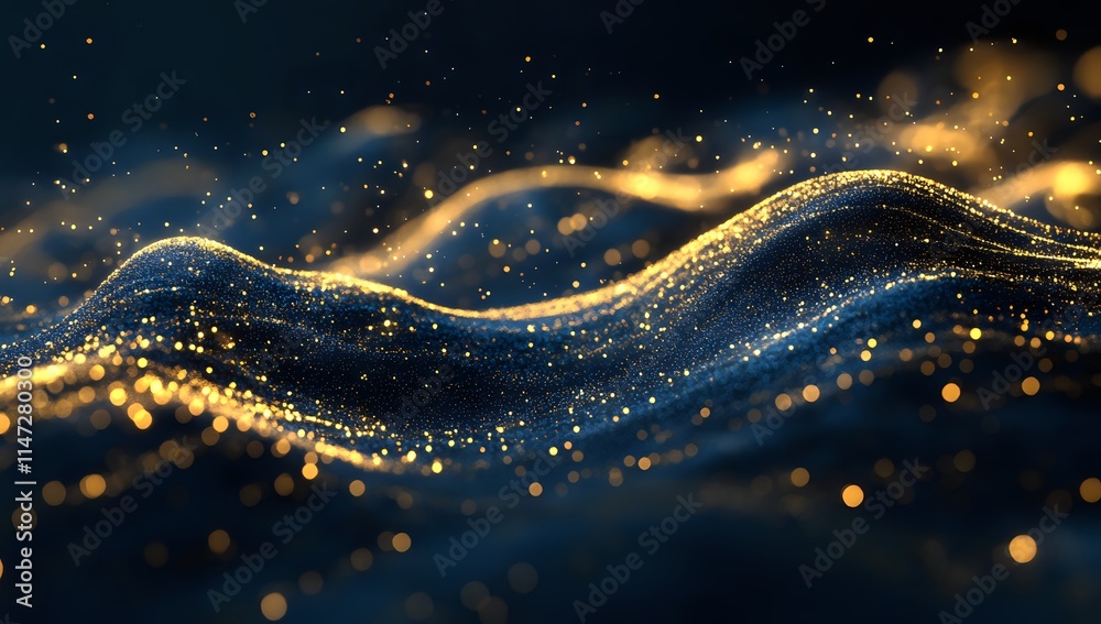 Poster golden particles flowing dynamically across dark background, creating a stunning visual masterpiece 