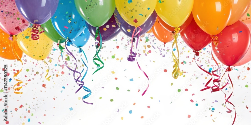 Poster a collection of colorful balloons floating against a white backdrop, adorned with confetti and vibra