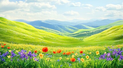 Obraz premium Vibrant Wildflower Meadow Amidst Rolling Green Mountains