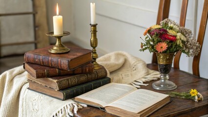 A Cozy Reading Nook with Antique Books, Burning Candles, and Fresh Flowers on a Wooden Table