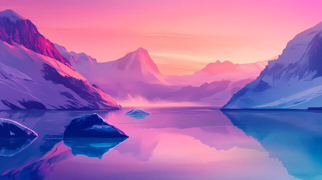 Ethereal landscape, clear water, impressive nature scenery, mysterious light, misty, beautiful colors, cinematic, deep relaxation,. Fjordic. Illustration