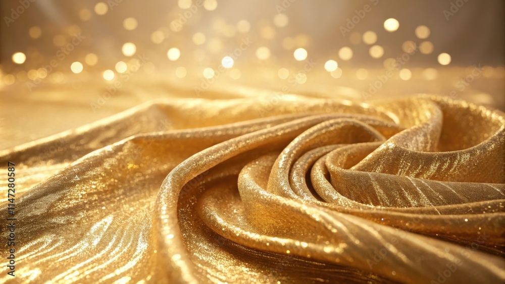 Aufkleber A shimmering gold fabric draped in soft folds, illuminated by a warm glow of out-of-focus lights, creating a luxurious and elegant background
