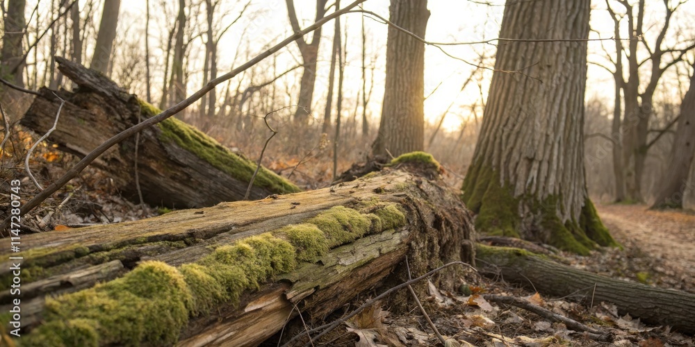Poster sunlight filtering through the branches of a woodland forest illuminates a fallen log covered in mos