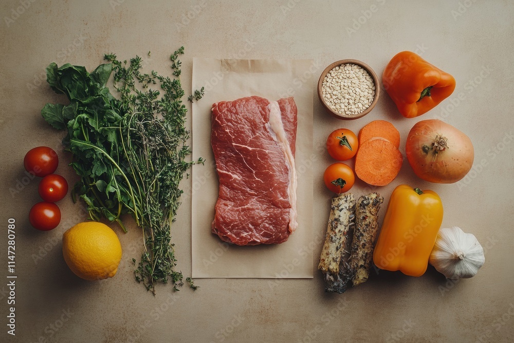 Leinwandbilder fresh vegetables, meat, and grains arranged neatly on a surface with ample copy space for design use