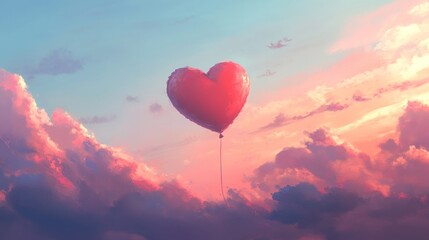 Fototapeta premium Heart Shaped Balloon Ascends Through Pink Sunset Clouds