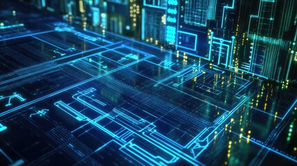 A digital computer screen showing a grid of blue lines and green icons, with the background featuring an electric power station and solar panels, reflecting sustainable energy technologies