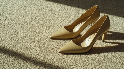 Naklejka premium Stylish beige high-heeled shoes elegantly placed on a soft carpet with shadows highlighting their sleek design