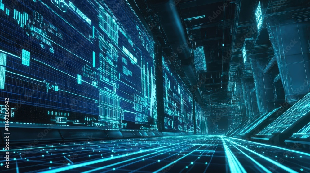Poster a digital display of blue lines and green icons showing a futuristic grid, with an electric power st