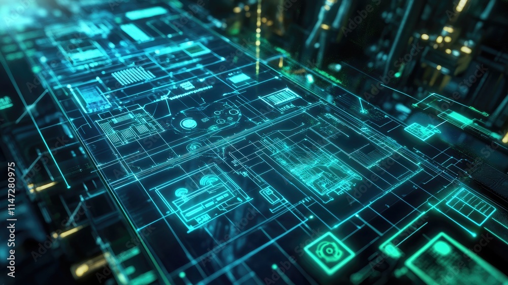 Poster a digital display of blue lines and green icons showing a futuristic grid, with an electric power st