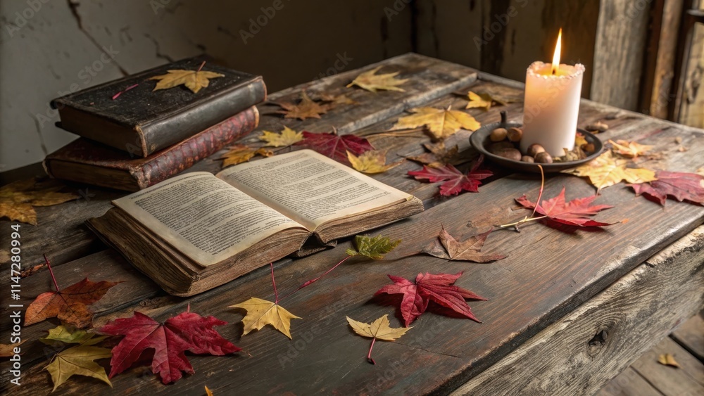 Poster a solitary candle casting a warm glow upon an open book resting on a rustic wooden table surrounded 
