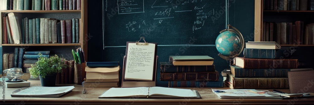 Leinwandbilder books and stationery arranged neatly on a desk in a study with ample copy space for writing. generat