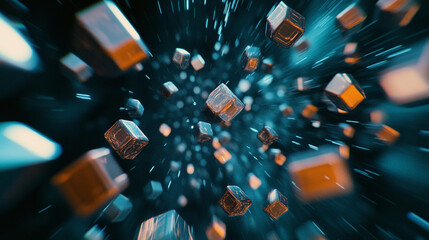 Colorful cubes moving through a dynamic space in a futuristic design.  