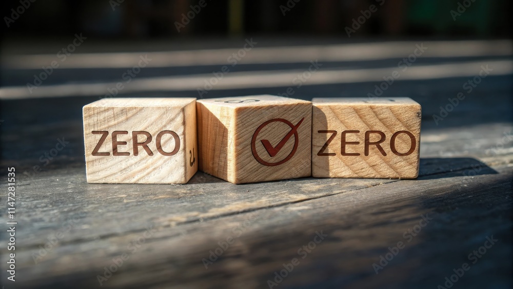 Poster Three wooden blocks spelling ZERO with a checkmark on the middle block symbolizing achievement and success