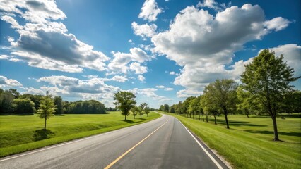 Fototapeta premium A winding road leads through a lush green meadow, bordered by rows of trees and framed by a bright blue sky with fluffy white clouds.