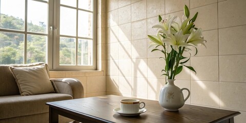 A bright living room with a couch, coffee table, and a vase of white lilies in the sunlight.