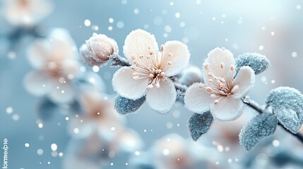 Delicate frozen blossoms adorned with frost in a serene winter garden setting capturing nature's quiet beauty