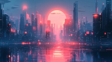 Fototapeta premium Abstract High-Tech Cityscape with Holographic Elements at Dusk