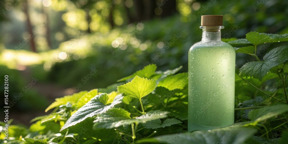 Poster A green glass bottle with a wooden cap nestled in the lush greenery of a forest, illuminated by sunlight, creating a serene and natural setting.