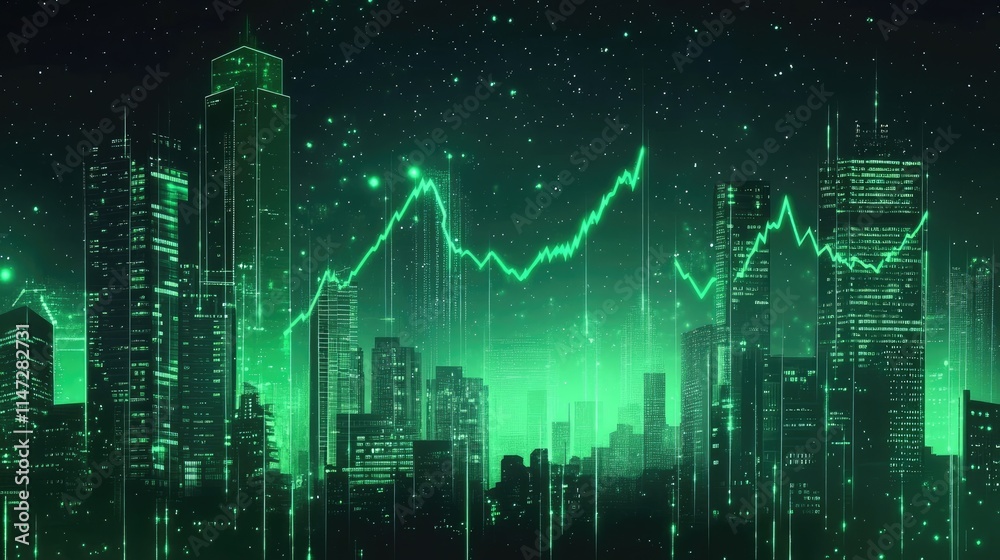 Poster a dynamic financial market background with a green trading chart and a bustling cityscape, showing r